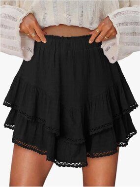 Women Black Casual Boho Ruffle Tiered High Waisted Mini Skort